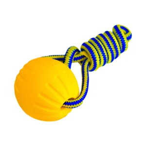 توپ بازی سگ با طناب مقاوم – زرد و آبی | پت‌شاپ