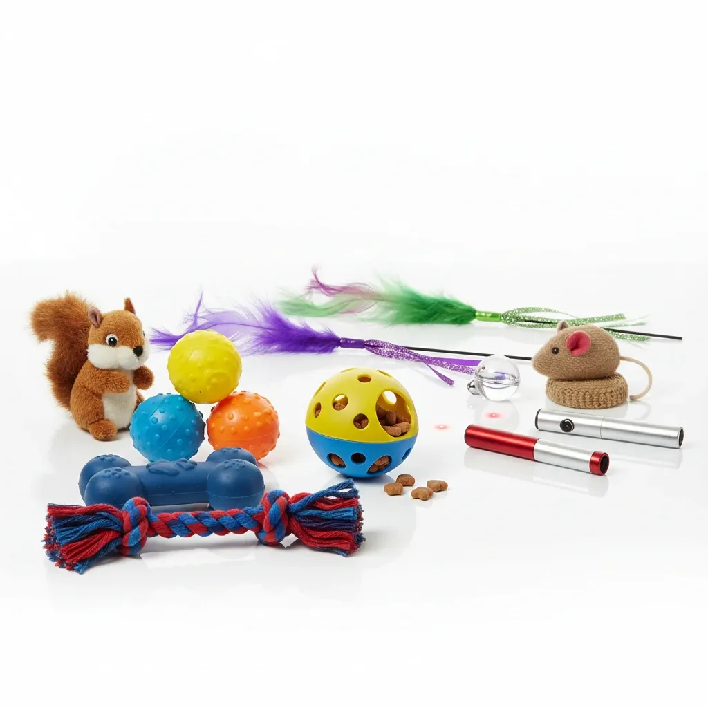 اسباب‌بازی‌های متنوع سگ و گربه شامل توپ، طناب، عروسک و اسباب‌بازی‌های تعاملی