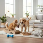 سگ و گربه در حال بازی با اسباب‌بازی طنابی در یک اتاق روشن و مدرن همراه با اسکرچر و وسایل حیوان