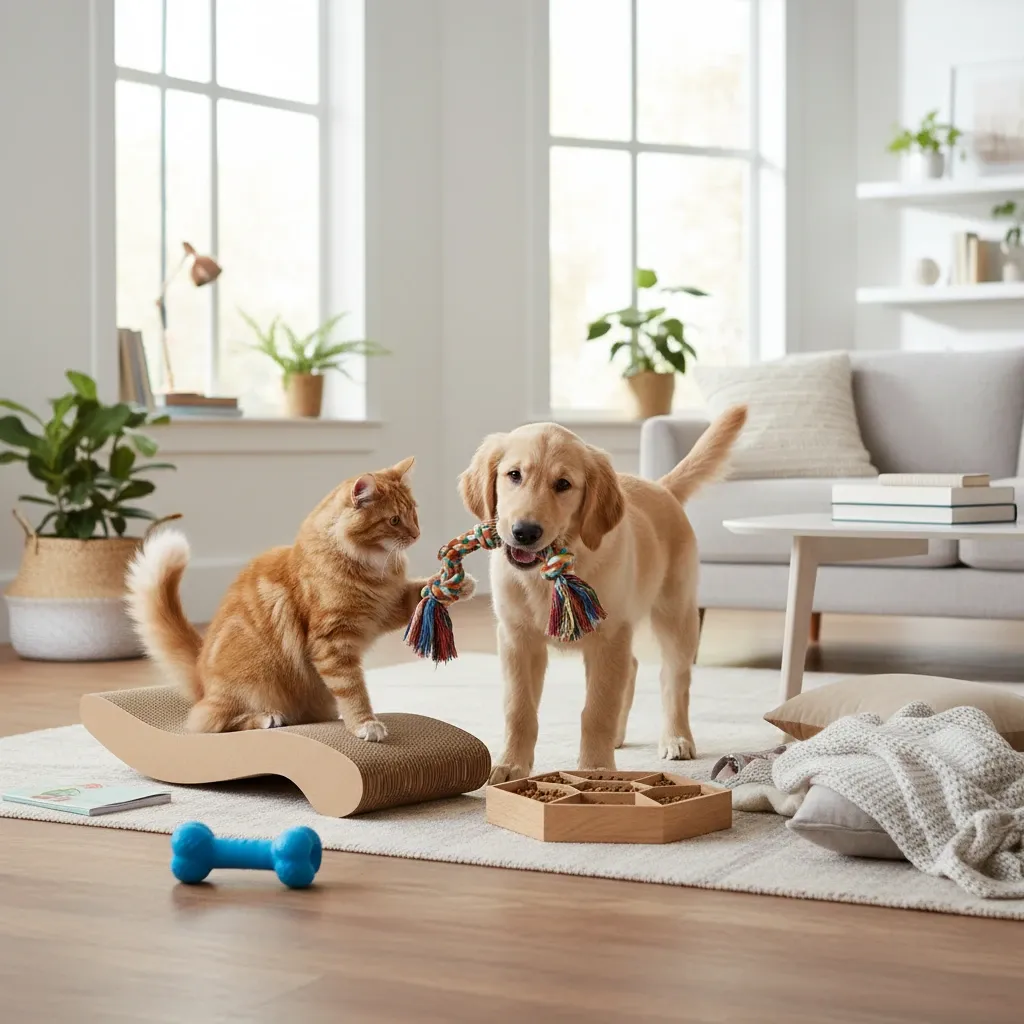 سگ و گربه در حال بازی با اسباب‌بازی طنابی در یک اتاق روشن و مدرن همراه با اسکرچر و وسایل حیوان