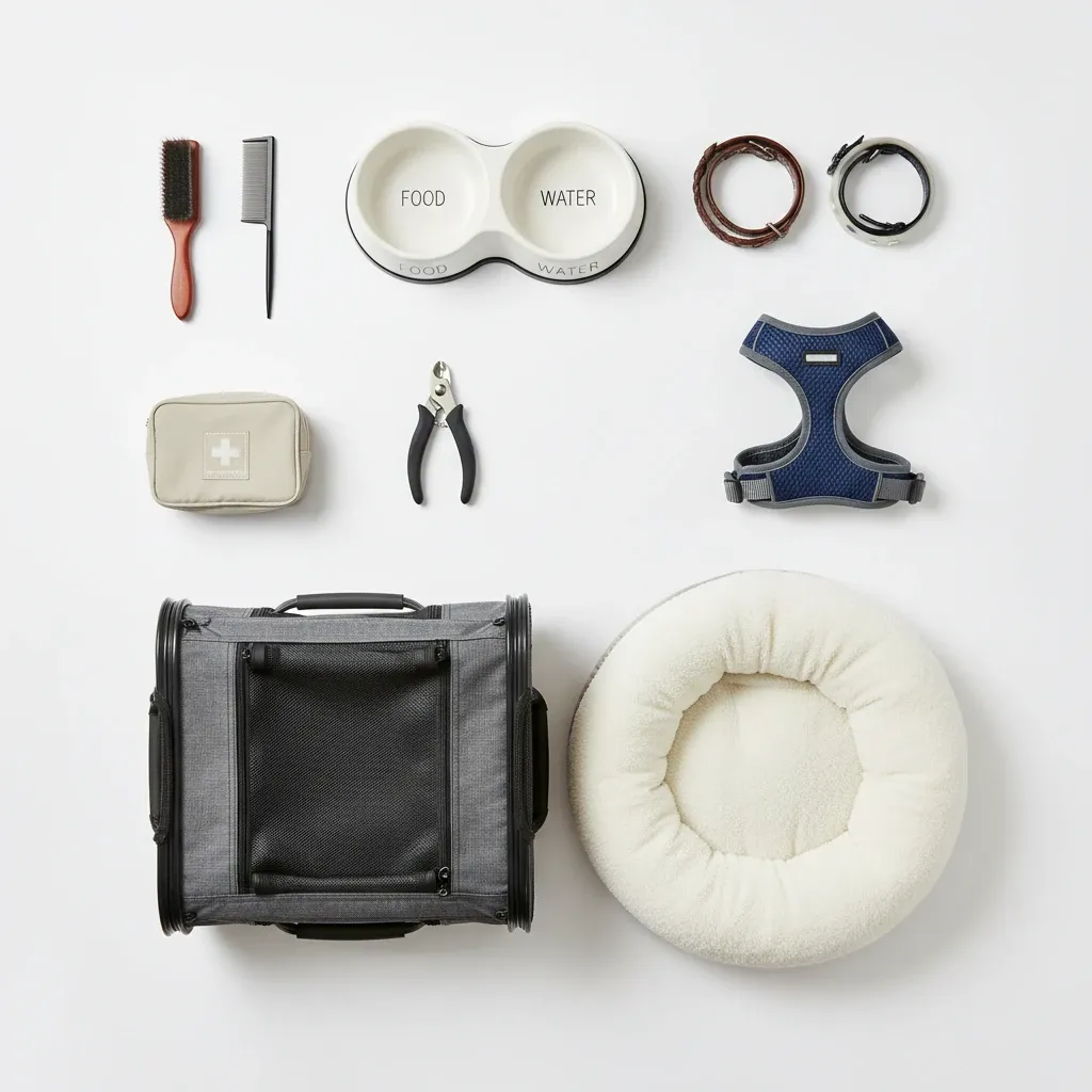 لوازم جانبی ضروری حیوانات خانگی شامل کاسه غذا و آب، برس، قلاده، هارنس، ناخن‌گیر، باکس حمل و تخت حیوان